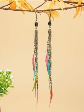 New Multicolor feather and chain tassel earrings